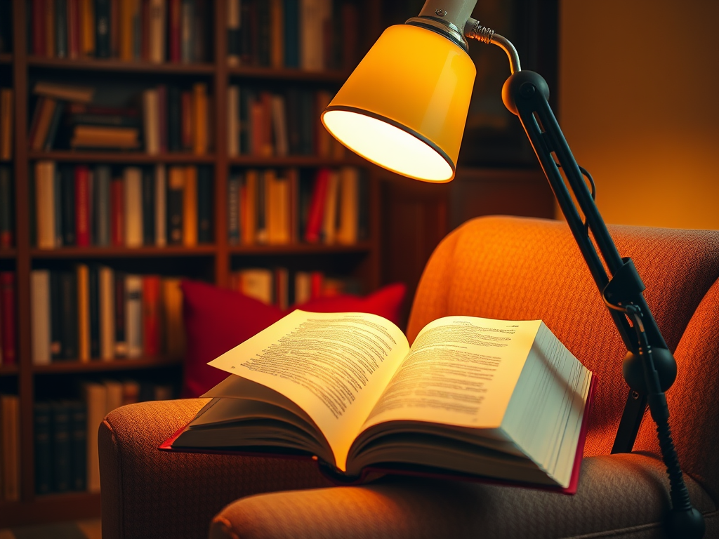 Открытая книга на кресле под жёлтой лампой, рядом книжная полка с цветными книгами. Тёплая атмосфера для чтения.