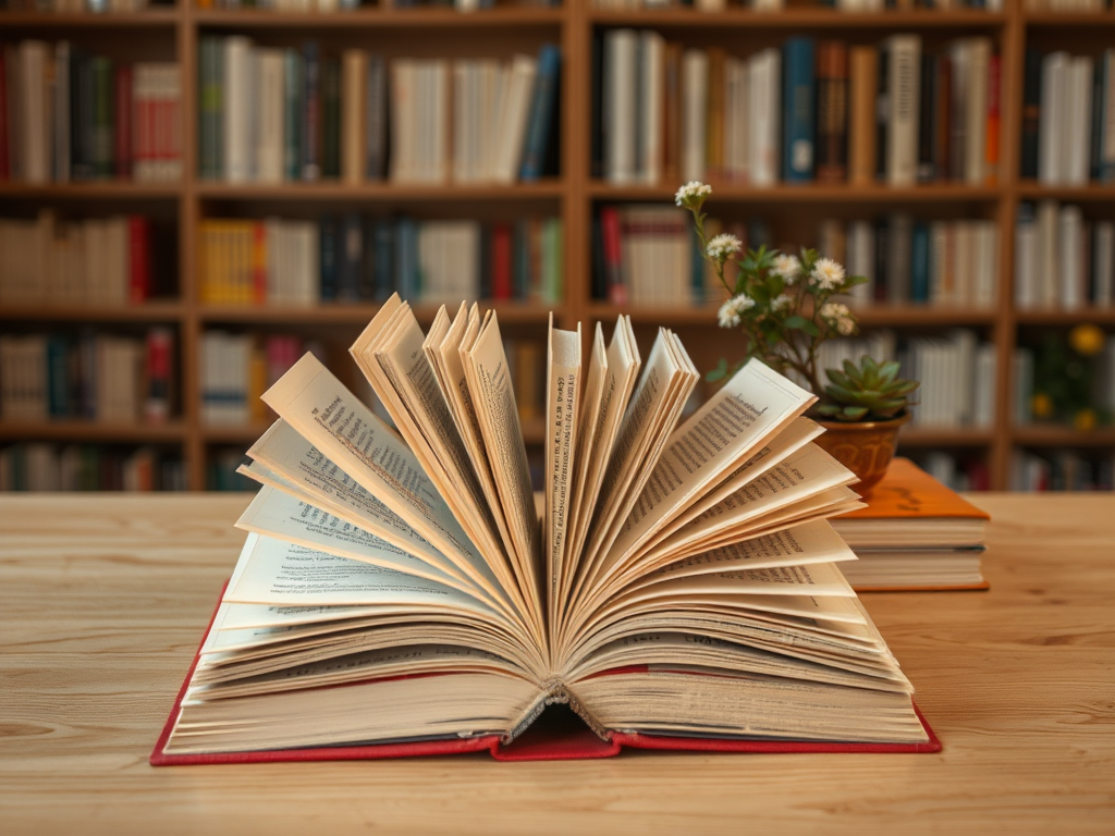 Открытая книга на столе с цветами и книжными полками на заднем плане. Тёплая и уютная атмосфера чтения.