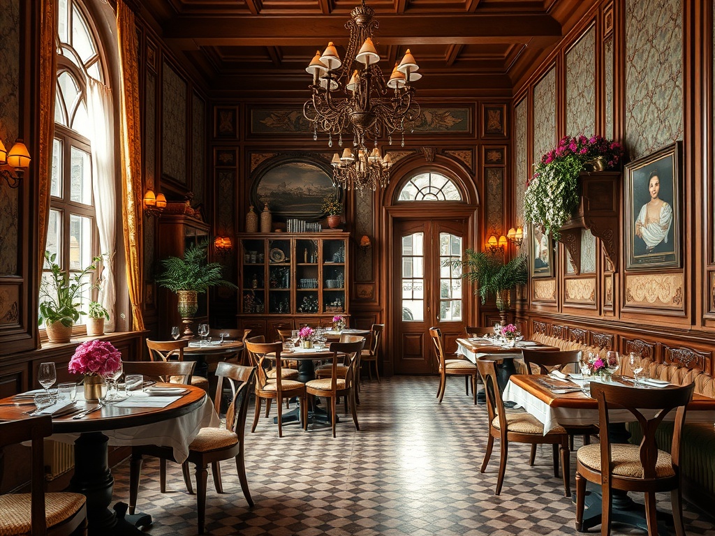 Элегантный ресторан с деревянными стенами, столами, цветами и картинами, уютная атмосфера для ужина.