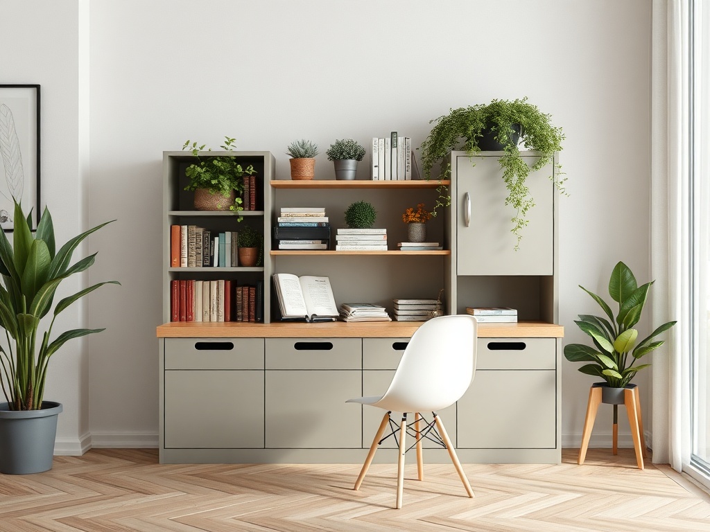 Уютный интерьер с книжным шкафом, растениями и стулом, создающим комфортную атмосферу для работы.