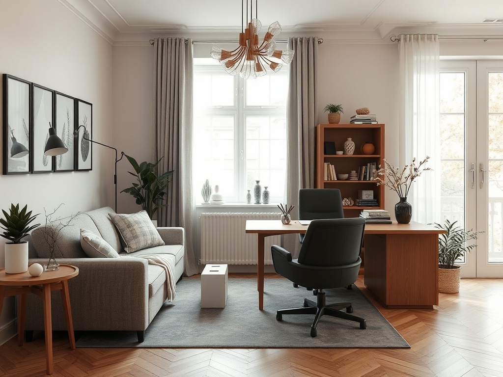 Современный офис с комфортным диваном, столом, стульями и растениями на фоне светлого интерьера.