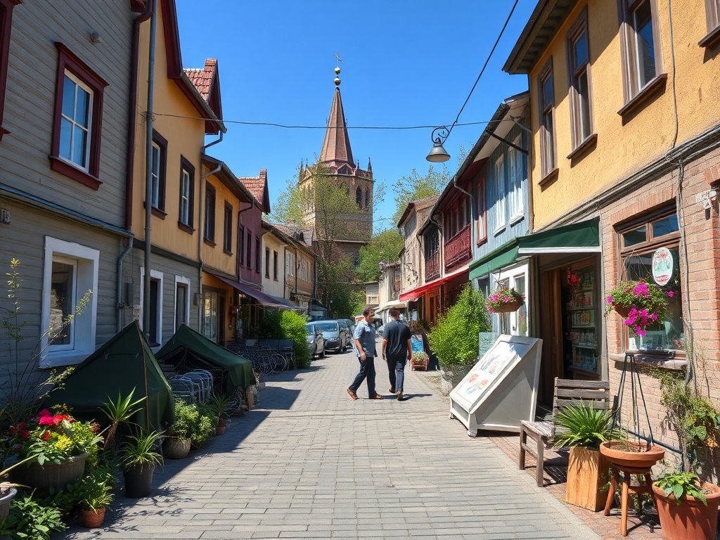 Уютная улица с цветами и магазинами, на заднем плане видна церковь под ясным небом.